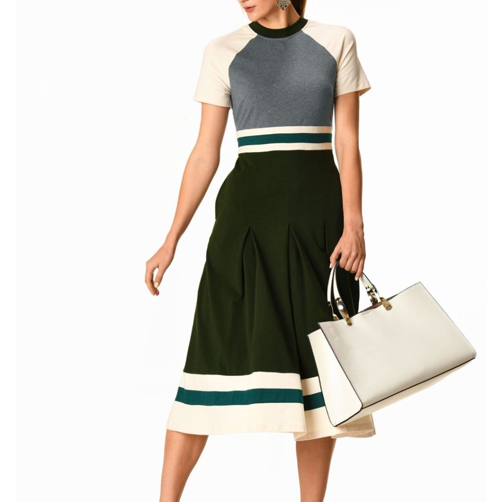 Banded stripe trim colorblock cotton knit dress
